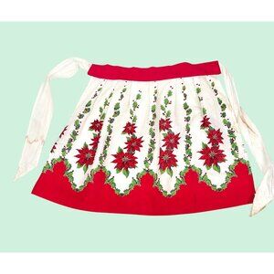 VINTAGE CHRISTMAS HOLIDAY RED WHITE & GREEN POINSETTIA & HOLLY WAIST TIE APRON